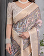 Beige Handloom Linen Saree with Tribal & Peacock Multicolor Digital Print | Traditional Art Pallu with Zari Border | 5.5m Saree + 0.8m Blouse