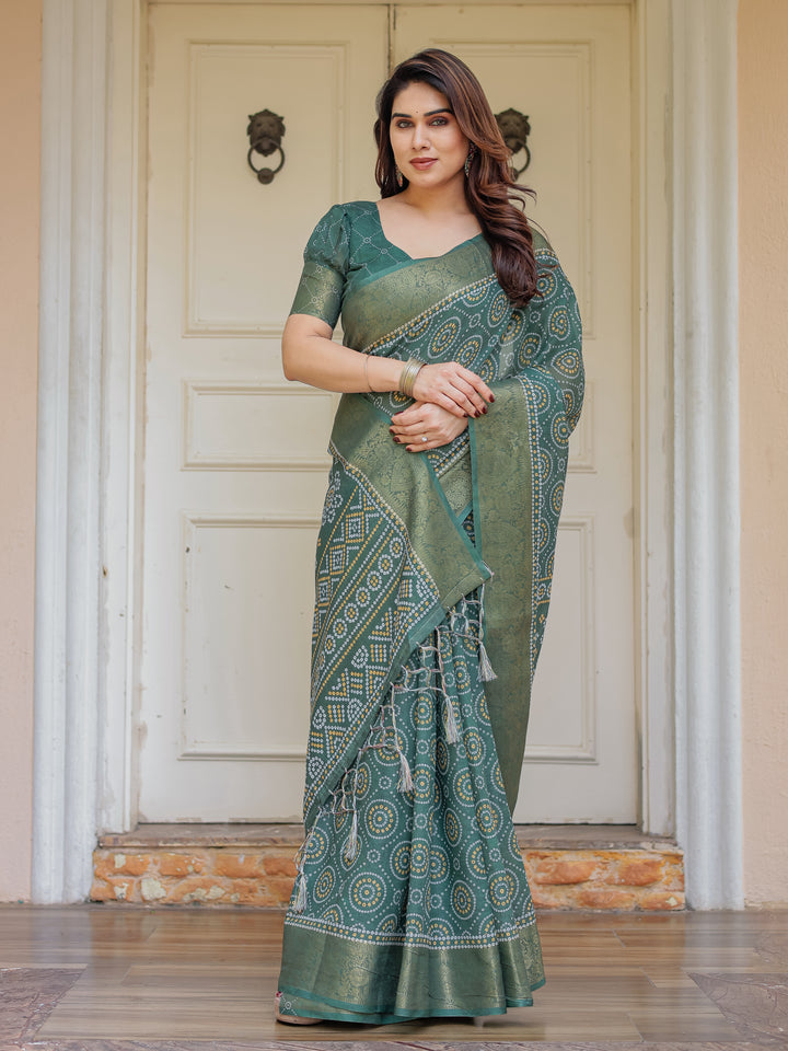 Bottle Green Handloom Cotton Bandhani Inspired Printed Saree with Zari Border & Tassels – Traditional Ethnic Wear