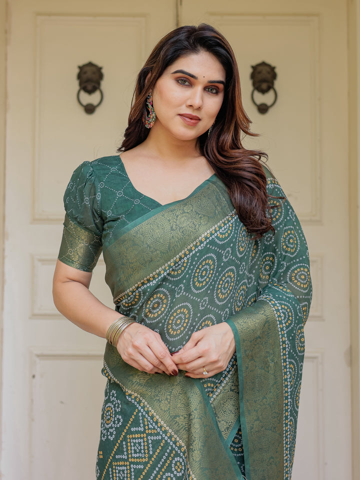 Bottle Green Handloom Cotton Bandhani Inspired Printed Saree with Zari Border & Tassels – Traditional Ethnic Wear