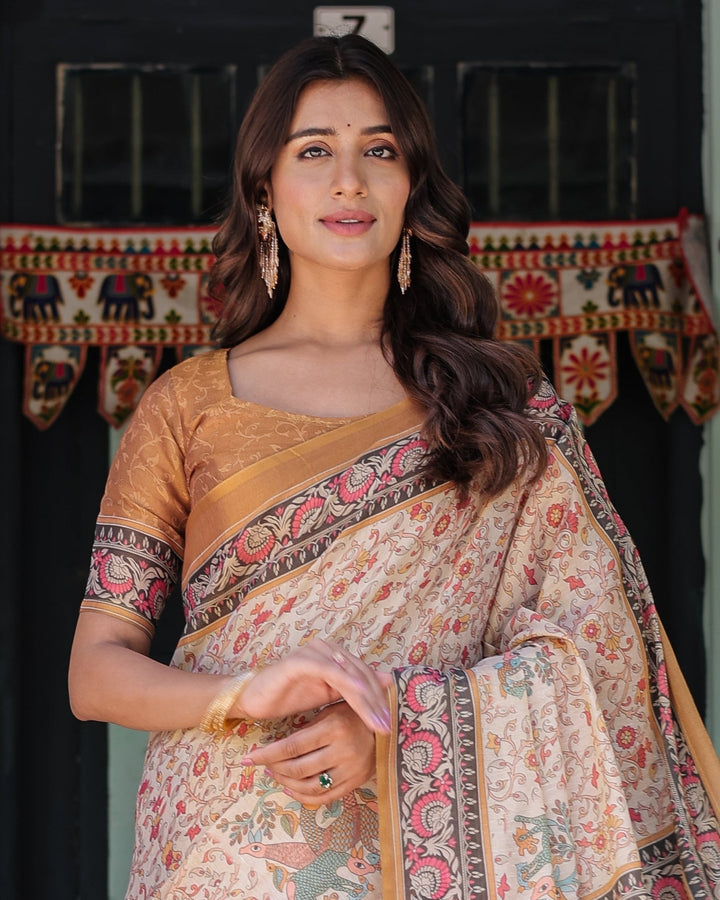 Beige & Maroon Handloom Cotton Saree with Floral Vine Print & Mythical Madhubani Cow Pallu