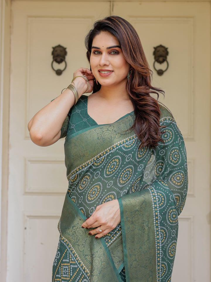 Bottle Green Handloom Cotton Bandhani Inspired Printed Saree with Zari Border & Tassels – Traditional Ethnic Wear