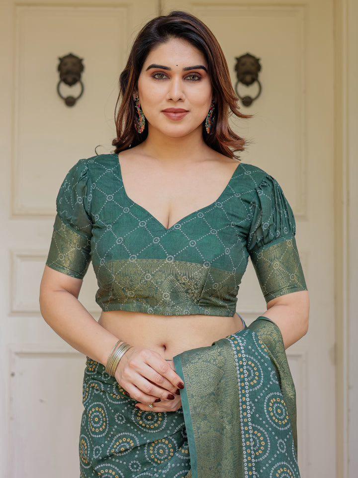 Bottle Green Handloom Cotton Bandhani Inspired Printed Saree with Zari Border & Tassels – Traditional Ethnic Wear