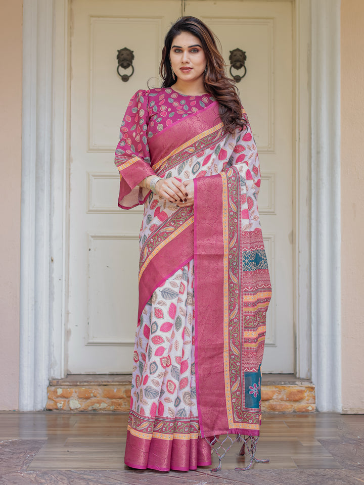 Off-White & Rani Pink Handloom Cotton Leaf Printed Saree with Zari Border & Tassels – Traditional Ethnic Wear
