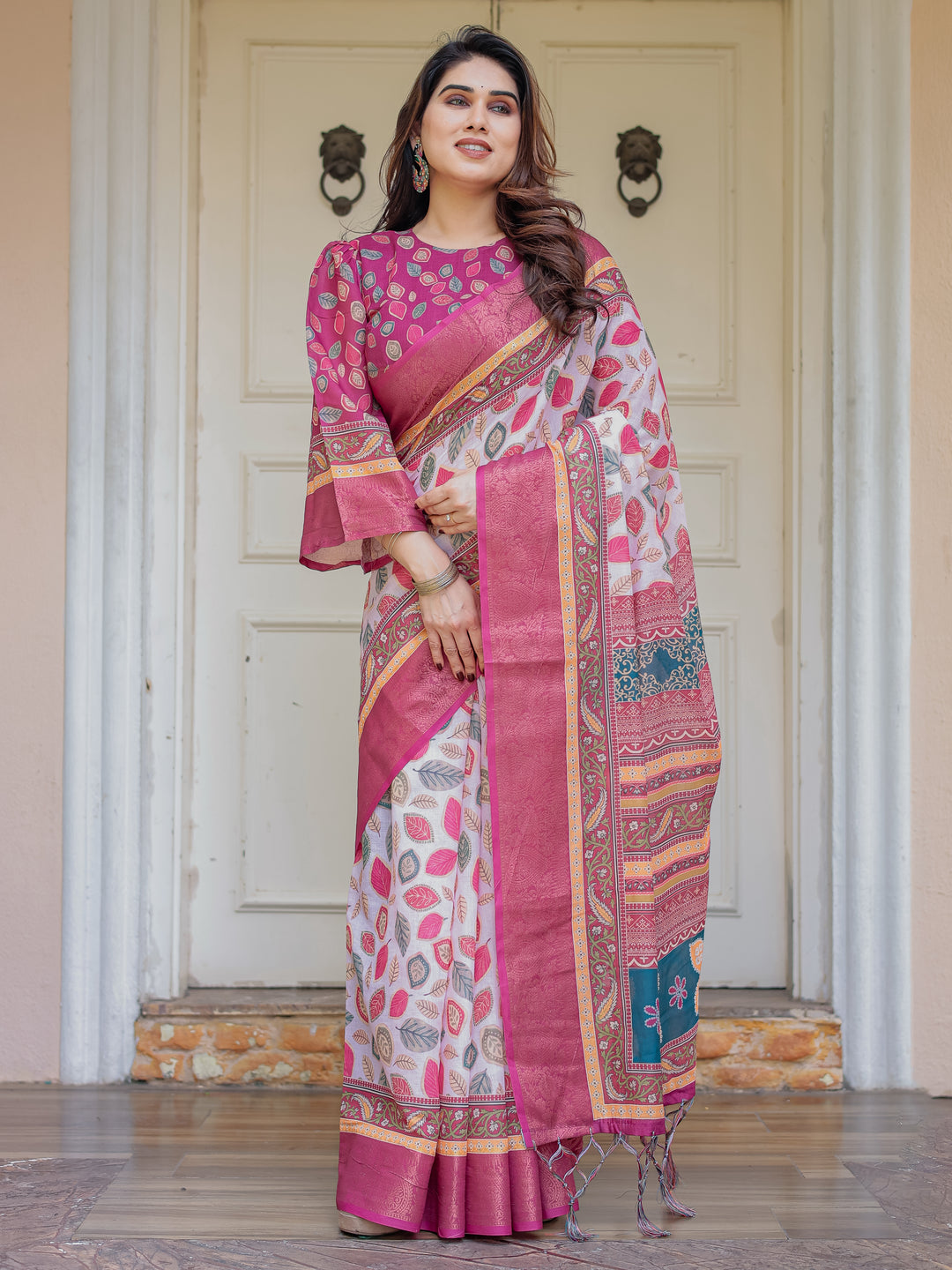 Off-White & Rani Pink Handloom Cotton Leaf Printed Saree with Zari Border & Tassels – Traditional Ethnic Wear