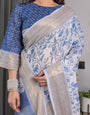 Sky Blue & White Handloom Linen Saree with Floral Vine Print, Geometric Pallu & Zari Border | 5.5m Saree + 0.8m Blouse