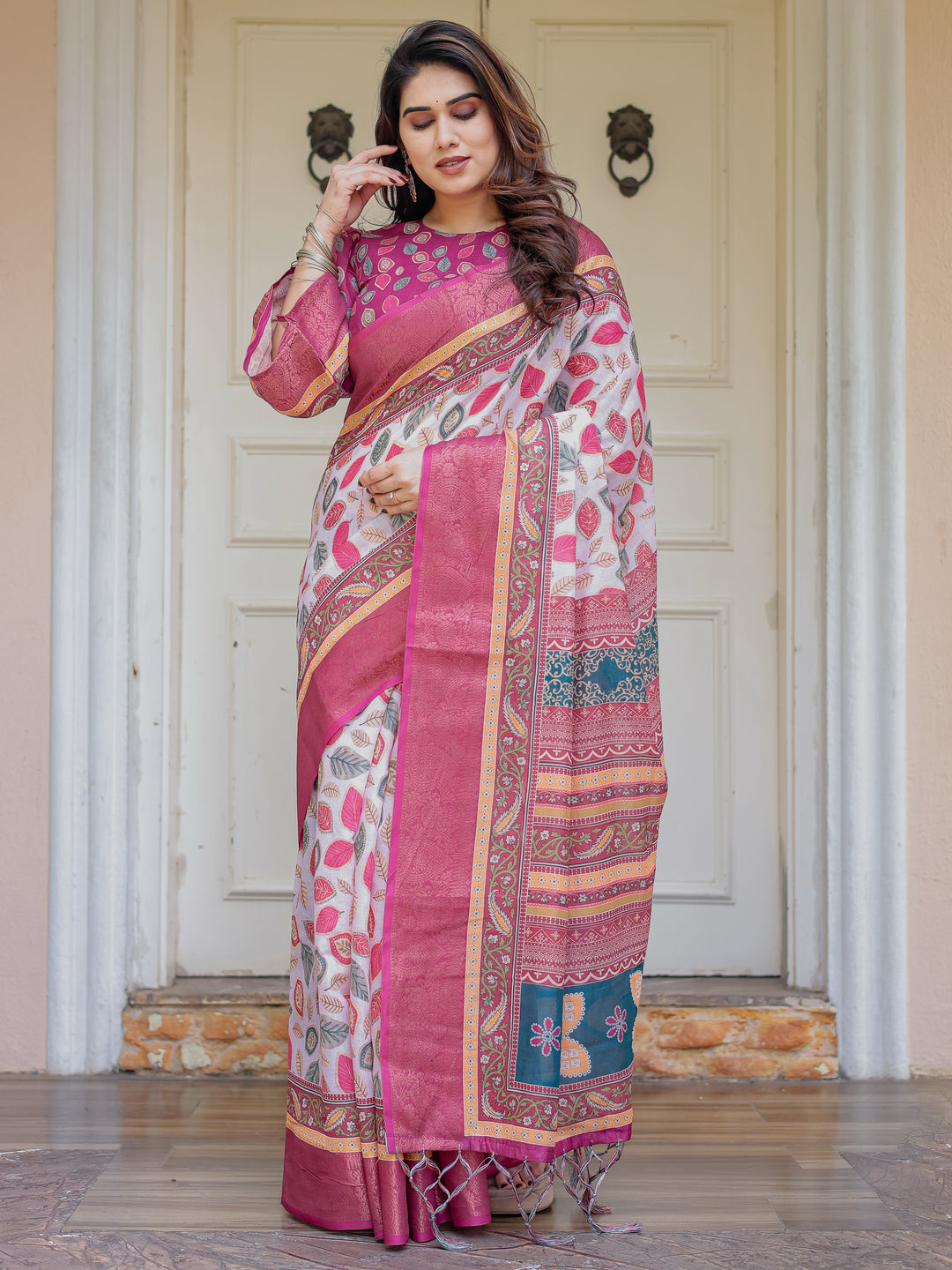 Off-White & Rani Pink Handloom Cotton Leaf Printed Saree with Zari Border & Tassels – Traditional Ethnic Wear