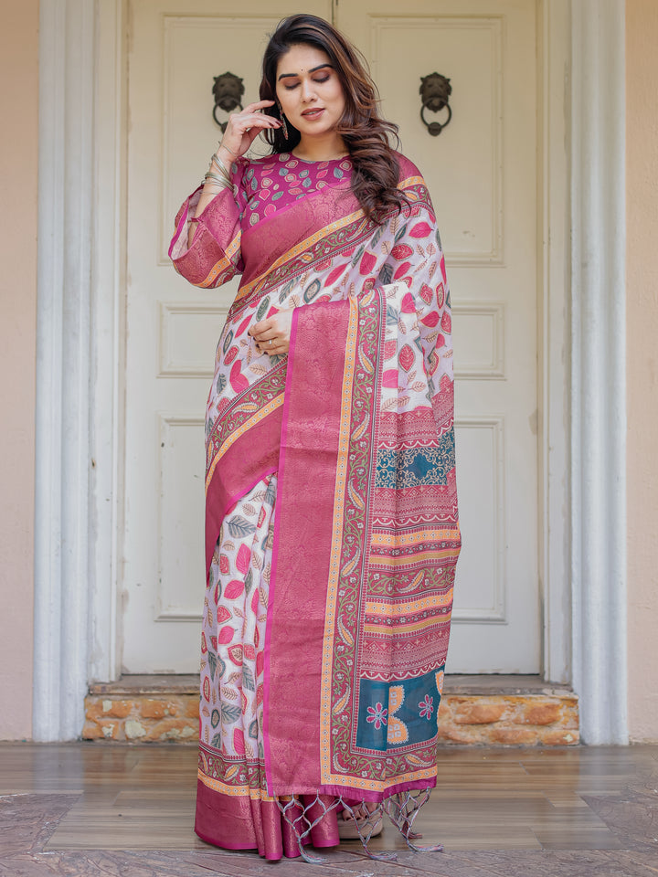 Off-White & Rani Pink Handloom Cotton Leaf Printed Saree with Zari Border & Tassels – Traditional Ethnic Wear