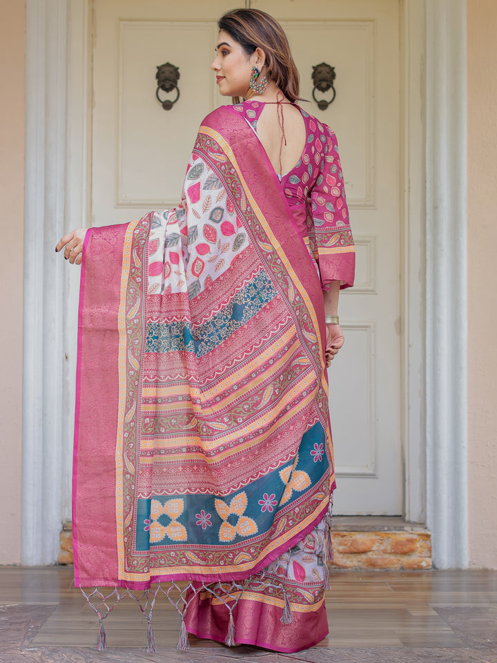Off-White & Rani Pink Handloom Cotton Leaf Printed Saree with Zari Border & Tassels – Traditional Ethnic Wear