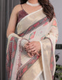 Ivory Handloom Linen Saree with Maroon Tribal Digital Print & Zari Border | Ethnic Chic | 5.5m Saree + 0.8m Blouse