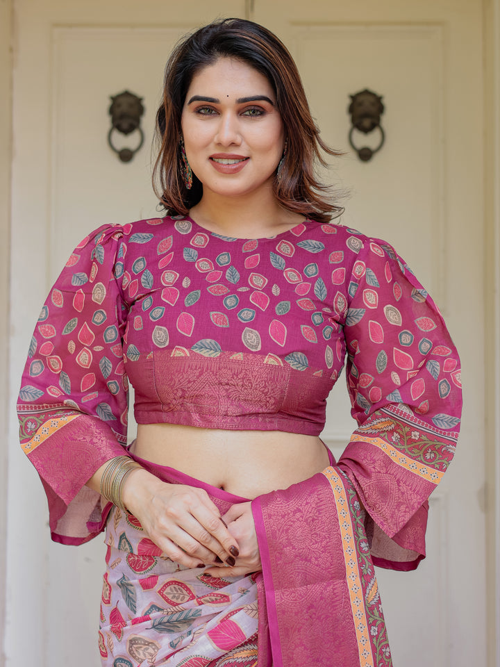 Off-White & Rani Pink Handloom Cotton Leaf Printed Saree with Zari Border & Tassels – Traditional Ethnic Wear