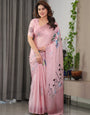 Blush Pink Satin Georgette Floral Printed Saree with Attached Blouse – Soft Pastel Designer Saree for Festive & Elegant Wear