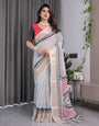 Ivory Handloom Linen Saree with Black & Red Geometric Tribal Print and Zari Border | Bold Ethnic Drape | 5.5m Saree + 0.8m Blouse