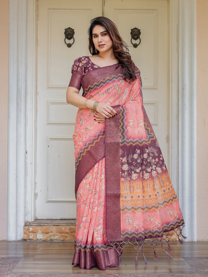 Peach Coral & Maroon Handloom Cotton Floral Printed Saree with Zari Border & Tassels – Festive Traditional Wear