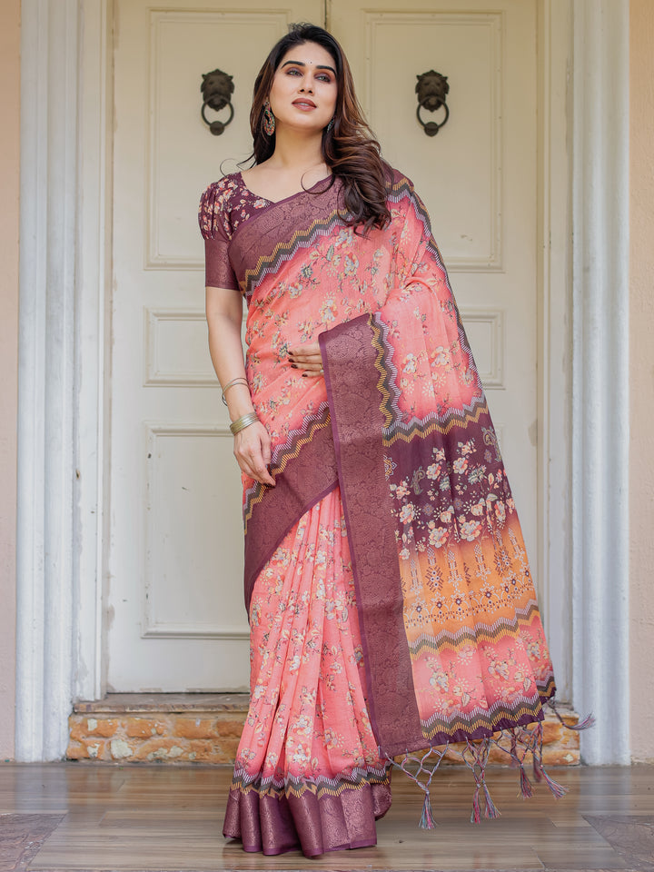Peach Coral & Maroon Handloom Cotton Floral Printed Saree with Zari Border & Tassels – Festive Traditional Wear