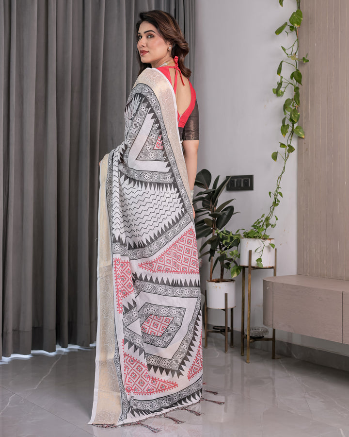 Ivory Handloom Linen Saree with Black & Red Geometric Tribal Print and Zari Border | Bold Ethnic Drape | 5.5m Saree + 0.8m Blouse