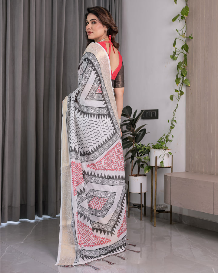Ivory Handloom Linen Saree with Black & Red Geometric Tribal Print and Zari Border | Bold Ethnic Drape | 5.5m Saree + 0.8m Blouse