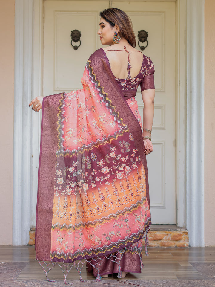 Peach Coral & Maroon Handloom Cotton Floral Printed Saree with Zari Border & Tassels – Festive Traditional Wear