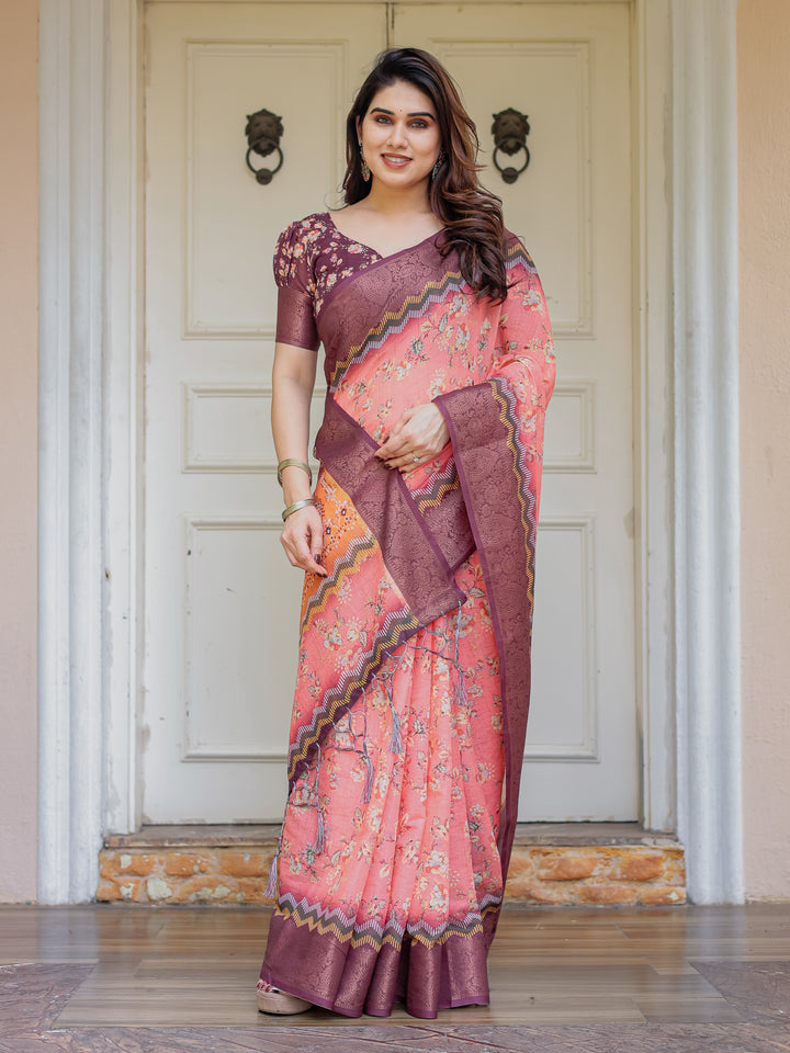 Peach Coral & Maroon Handloom Cotton Floral Printed Saree with Zari Border & Tassels – Festive Traditional Wear