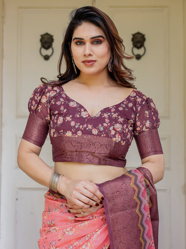 Peach Coral & Maroon Handloom Cotton Floral Printed Saree with Zari Border & Tassels – Festive Traditional Wear