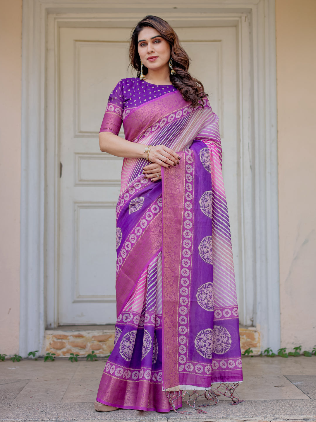 Royal Purple & Rani Pink Dual Tone Silk Saree with Gold Zari Circular Motifs, Striped Pallu & Tassels – Festive Traditional Wear