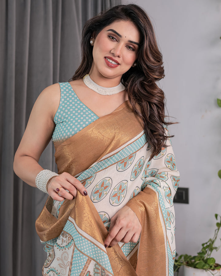 Ivory Handloom Linen Saree with Aqua Blue Mandala Motifs & Copper Zari Border | Artistic Printed Pallu & Tassels | 5.5m Saree + 0.8m Blouse