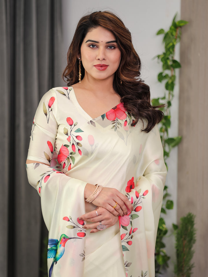 Ivory Cream Satin Georgette Floral & Bird Printed Saree with Attached Blouse – Elegant Nature-Inspired Designer Saree