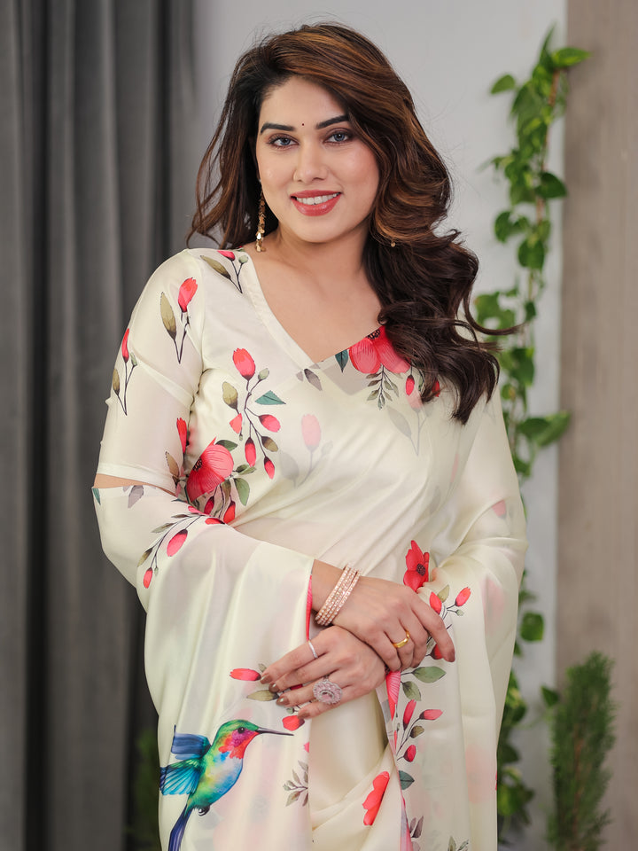 Ivory Cream Satin Georgette Floral & Bird Printed Saree with Attached Blouse – Elegant Nature-Inspired Designer Saree