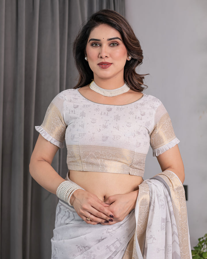 White & Grey Handloom Linen Saree with Tribal Village Print, Zari Borders & Tassel Pallu | 5.5m Saree + 0.8m Blouse