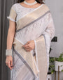 White & Grey Handloom Linen Saree with Tribal Village Print, Zari Borders & Tassel Pallu | 5.5m Saree + 0.8m Blouse