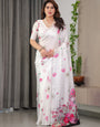 White Satin Georgette Floral Printed Saree with Pink Blossom Border & Attached Blouse – Elegant Lightweight Designer Drape