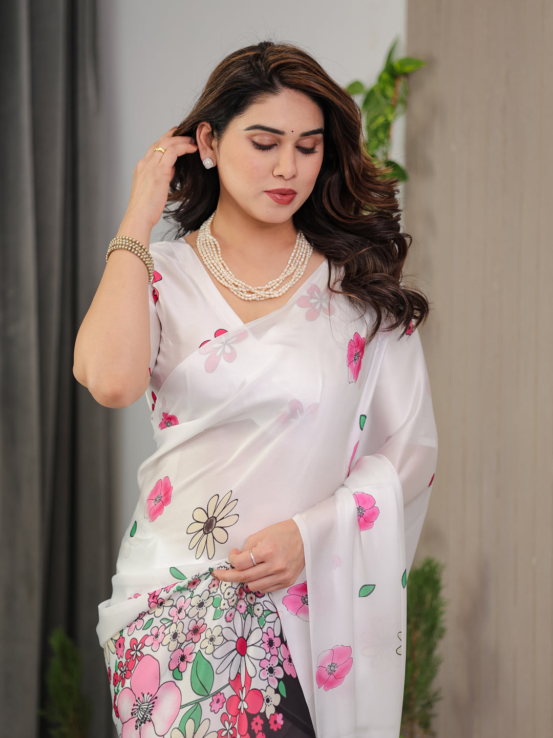 White Satin Georgette Floral Printed Saree with Pink Blossom Border & Attached Blouse – Elegant Lightweight Designer Drape