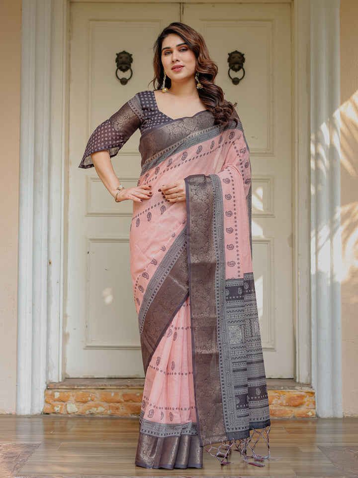 Blush Pink & Charcoal Grey Traditional Woven Saree with Antique Zari Border & Tassels – Elegant Festive Ethnic Wear
