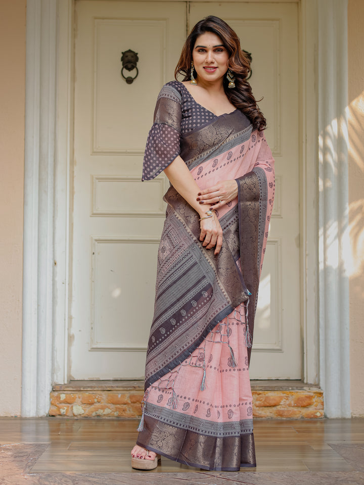 Blush Pink & Charcoal Grey Traditional Woven Saree with Antique Zari Border & Tassels – Elegant Festive Ethnic Wear