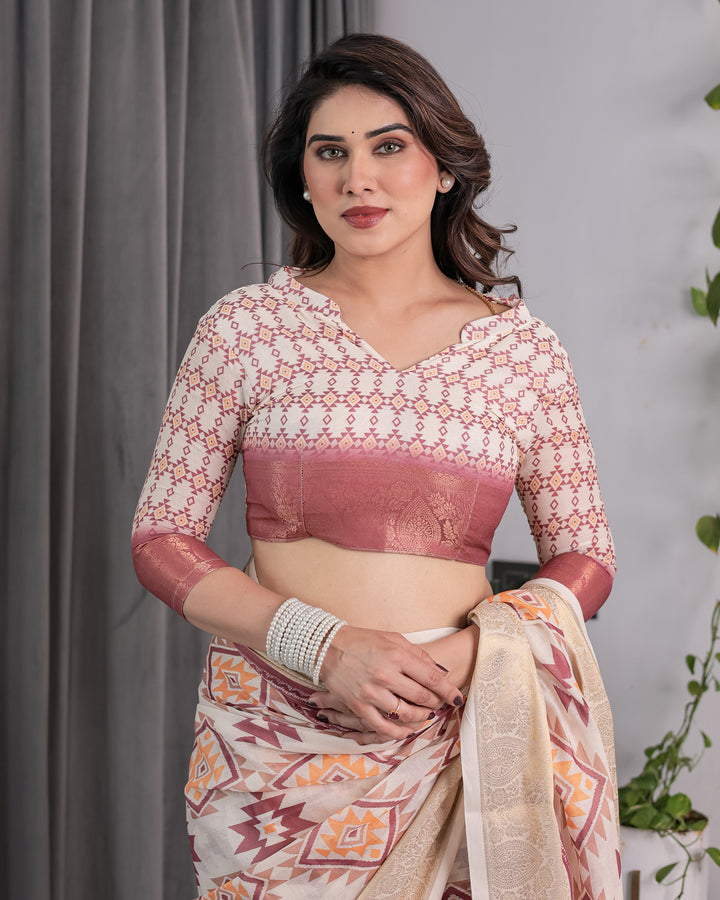 Beige Handloom Linen Saree with Maroon Tribal Geometric Digital Print & Zari Border | Festive Drape | 5.5m Saree + 0.8m Blouse