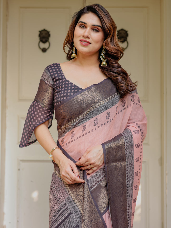 Blush Pink & Charcoal Grey Traditional Woven Saree with Antique Zari Border & Tassels – Elegant Festive Ethnic Wear