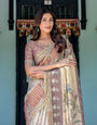 Ivory Brown Handloom Cotton Saree with Classical Dancer Motifs & Madhubani-Inspired Pallu