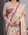 Beige Handloom Linen Saree with Maroon Tribal Geometric Digital Print & Zari Border | Festive Drape | 5.5m Saree + 0.8m Blouse