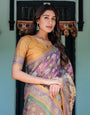 Royal Violet Handloom Cotton Saree with Cow Motifs & Temple Pallu Art