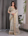 Ivory Beige Handloom Linen Saree with Multicolor Leaf Print & Tribal Geometric Pallu | Zari Border | 5.5m Saree + 0.8m Blouse with Tassels