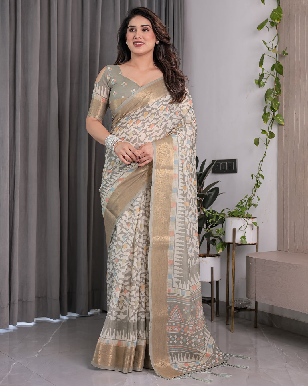 Ivory Beige Handloom Linen Saree with Multicolor Leaf Print & Tribal Geometric Pallu | Zari Border | 5.5m Saree + 0.8m Blouse with Tassels