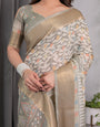 Ivory Beige Handloom Linen Saree with Multicolor Leaf Print & Tribal Geometric Pallu | Zari Border | 5.5m Saree + 0.8m Blouse with Tassels