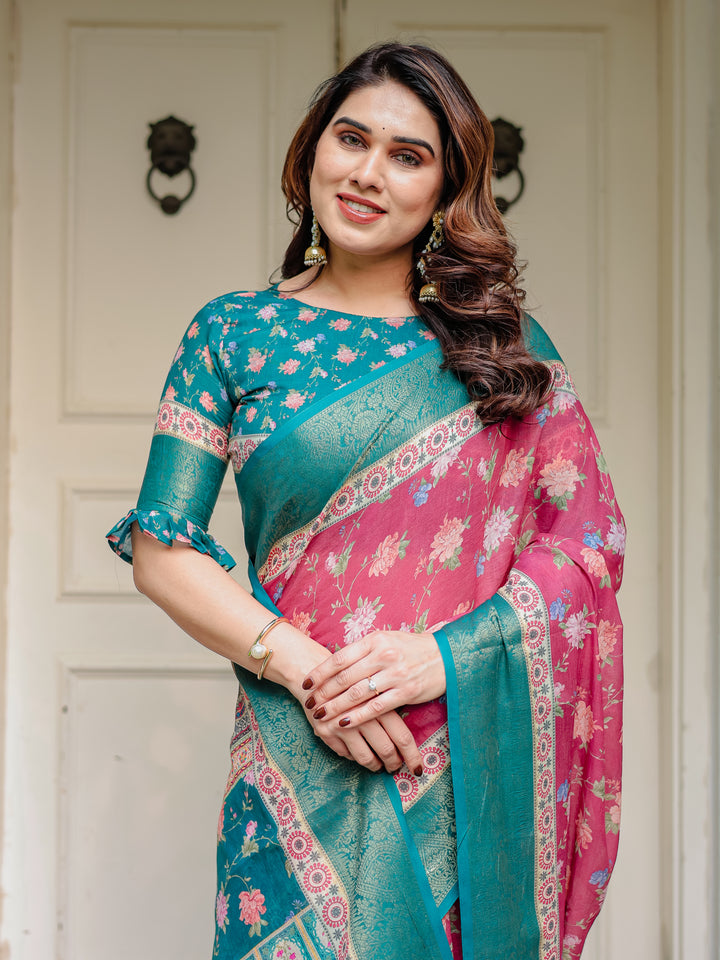 Rani Pink & Teal Green Floral Printed Saree with Rich Zari Border & Tassels – Festive Traditional Wear
