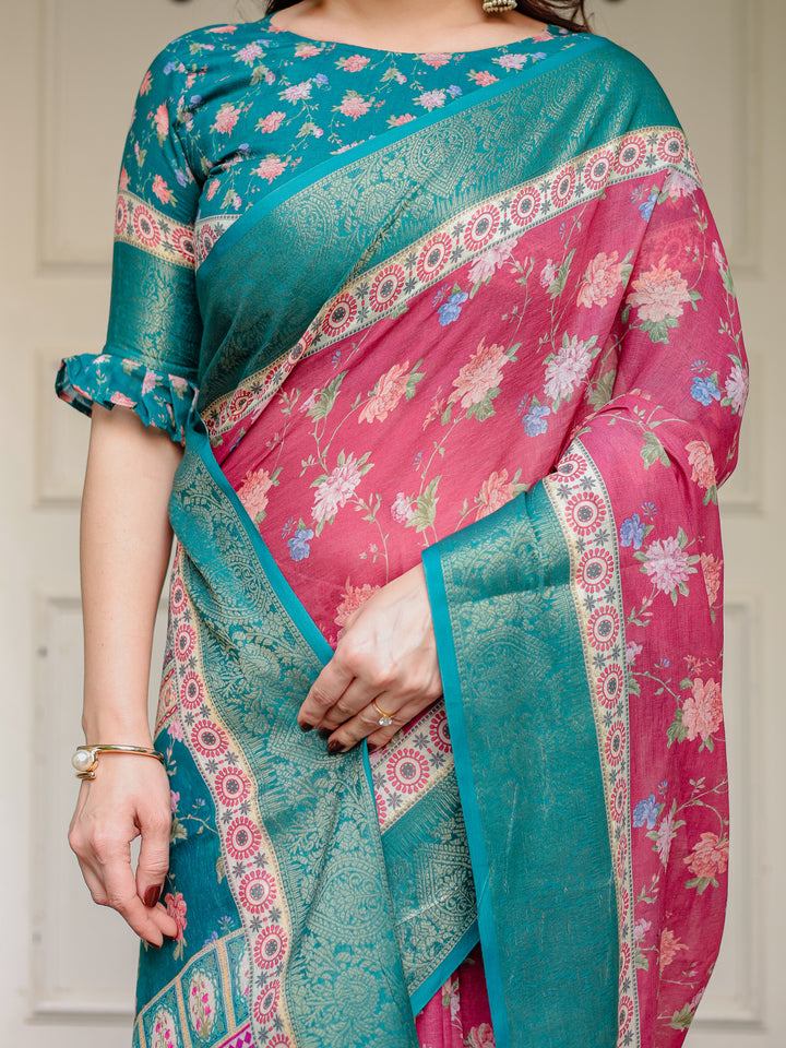 Rani Pink & Teal Green Floral Printed Saree with Rich Zari Border & Tassels – Festive Traditional Wear