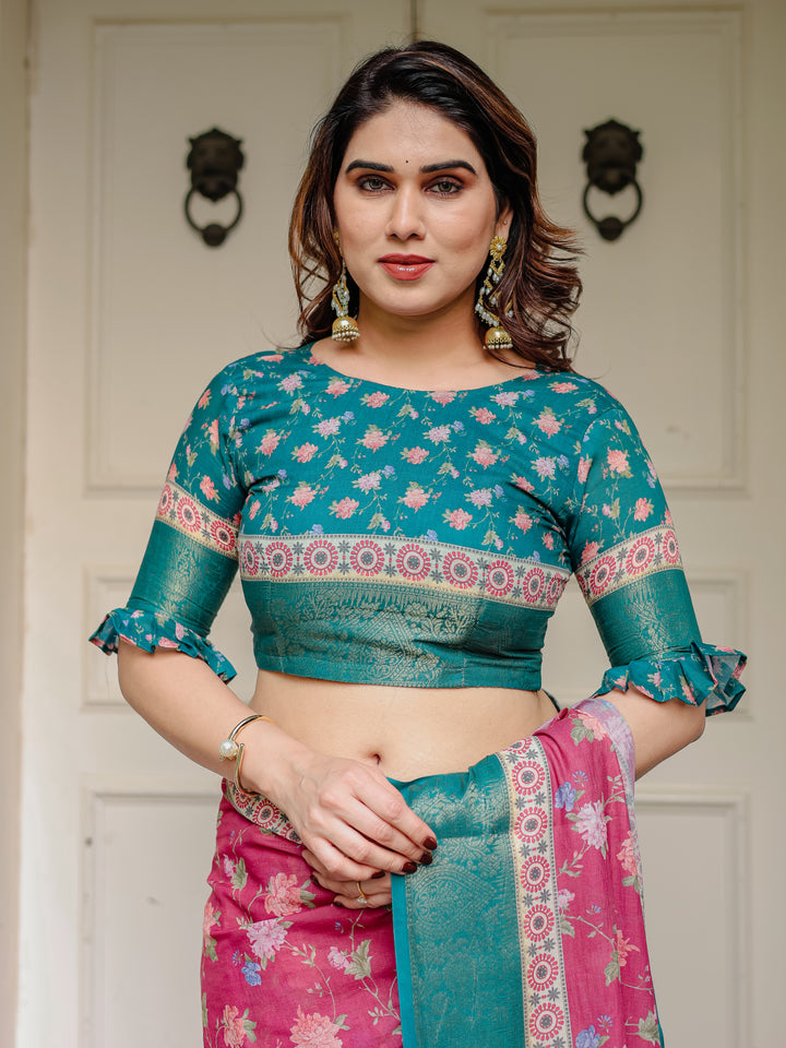 Rani Pink & Teal Green Floral Printed Saree with Rich Zari Border & Tassels – Festive Traditional Wear