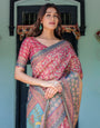 Rosewood Red Handloom Cotton Saree with Artistic Fish Pallu & Floral Vine Print