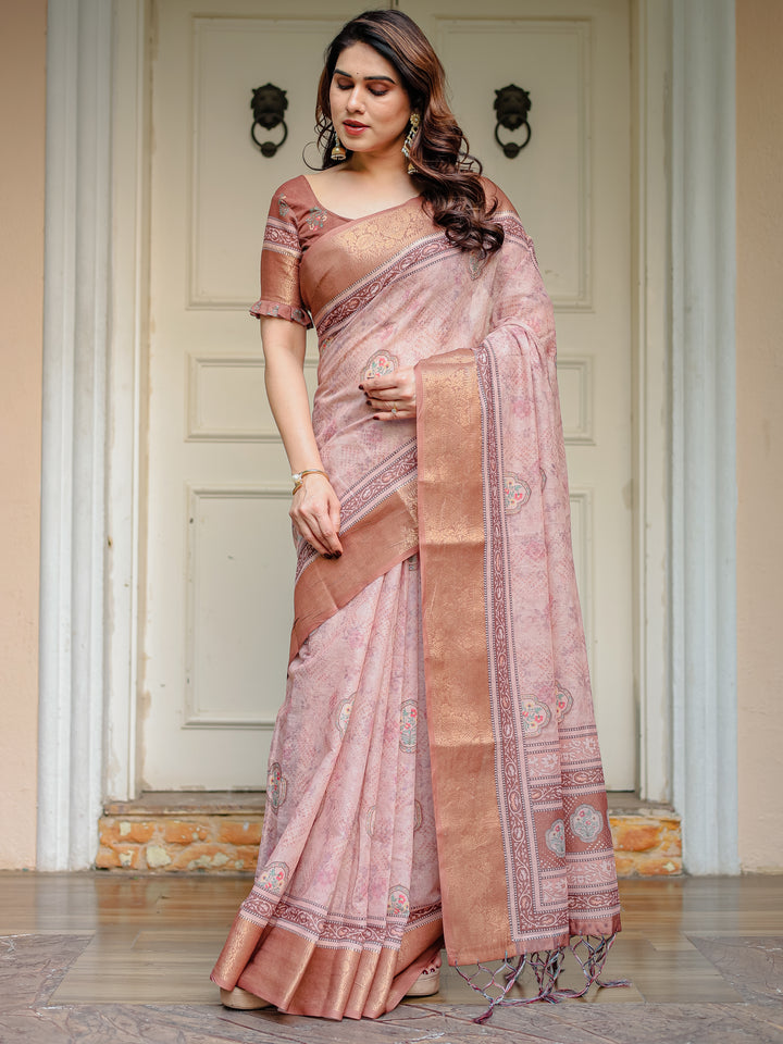 Dusty Peach & Copper Zari Woven Saree with Pastel Motifs & Tassels – Elegant Festive Traditional Wear