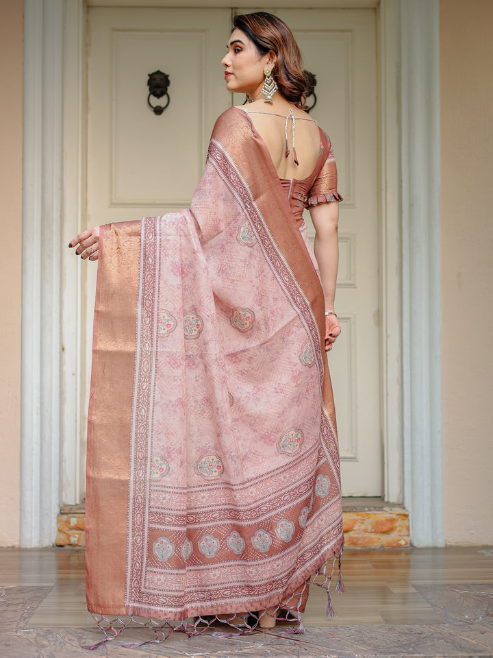 Dusty Peach & Copper Zari Woven Saree with Pastel Motifs & Tassels – Elegant Festive Traditional Wear