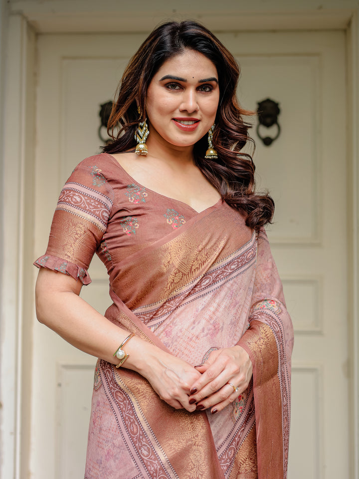 Dusty Peach & Copper Zari Woven Saree with Pastel Motifs & Tassels – Elegant Festive Traditional Wear