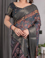 Charcoal Grey Digital Printed Saree with Maroon Floral & Tribal Border Motifs | Antique Zari Highlights | 5.5m Saree + 0.8m Blouse Piece