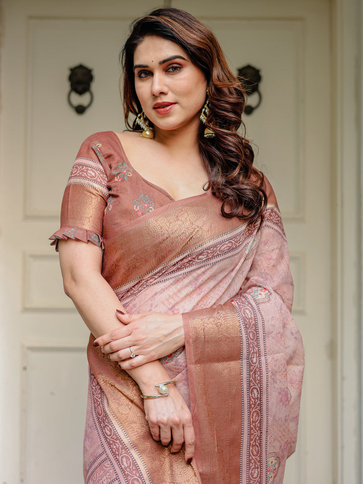 Dusty Peach & Copper Zari Woven Saree with Pastel Motifs & Tassels – Elegant Festive Traditional Wear